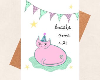 Breithlá Sona Duit, birthday, cat, kitty, Irish language, Greeting Card, princess, pink, starts