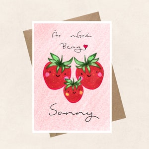 Biglietto d'amore alla fragola, personalizzato, bambini, gaelico, irlandese, piccolo San Valentino