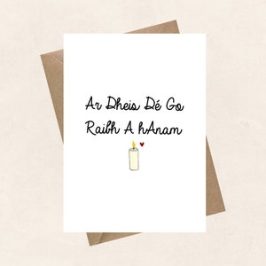 Tarjeta de condolencia, Ar Dheis Dé go raibh a hAnam, RIP, Tarjeta de idioma irlandés, como Gaeilge