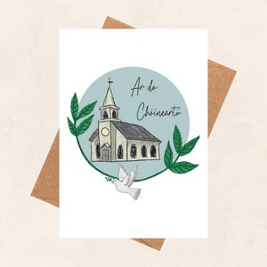 Ar do Choineartu, tarjeta de confirmación como Gaeilge, cárta cóineartú, iglesia, paloma, irlandés