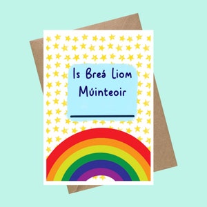 Is breá liom múinteoir- und trage deinen personalisierten Lehrernamen ein, Lehrer danke Karte als Gaeilge, Regenbogen, Kinder, bunt, Gruß