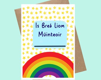 Is breá liom múinteoir- and fill in your personalised teacher name, teacher thank you card as Gaeilge, rainbow, kids, colourful, greeting