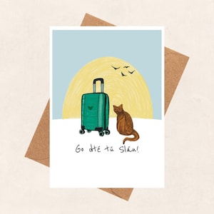 Go dte tu slan, goede reis, veilige reizen, Gaeilge, Ierse wenskaart, kattenkaart