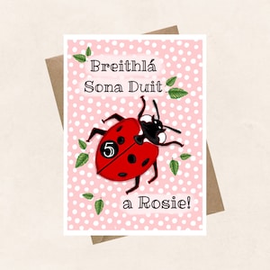 Carte d'anniversaire personnalisée coccinelle, Gaeilge, irlandais