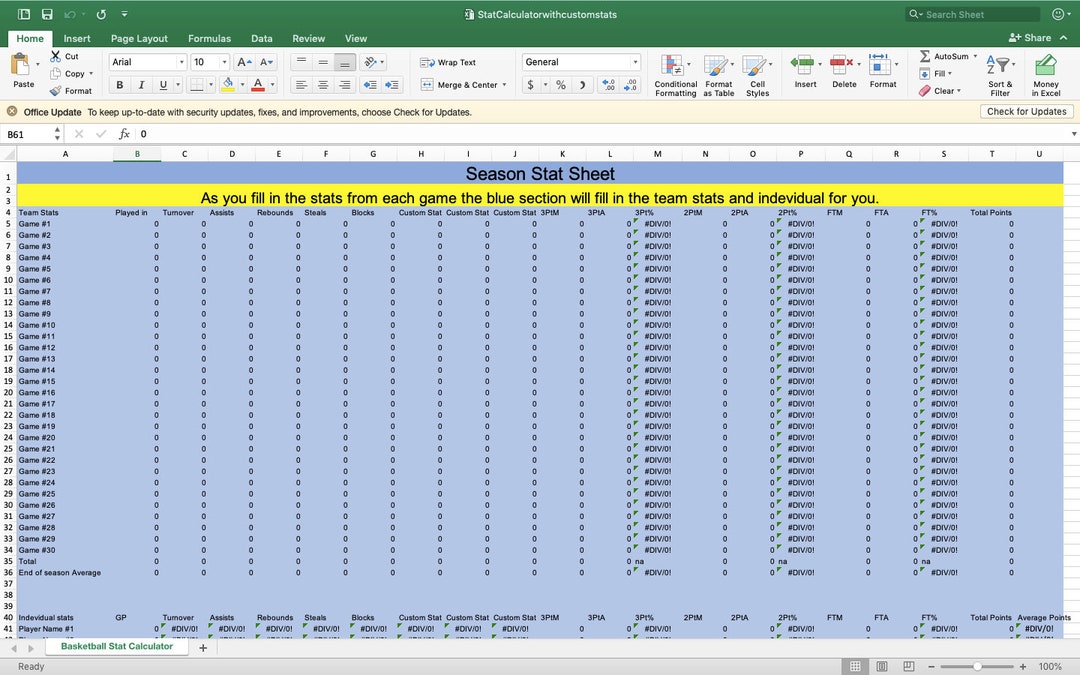 Basketball Stat Excel Calculator W/ability for Custom Stats Etsy