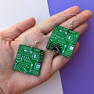 Square Circuit Board Earring | Computer Science Gift | PCB Earrings | Tech Gift | Engineering Earrings | Metallic Green | STEM Earring |