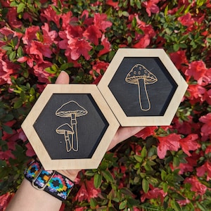 Mini Mushroom Wall Art | Hexagon Wood Art | Laser engraved wood art | Cottagecore Decor