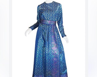 1960's 1970s Oscar de la Renta Sapphire-Blue Metallic Silk-Brocade Gown Size 6/8