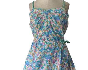 Vintage 1970s 80s Sea Waves women's floral swim dress cottegecore coquette