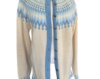 Vintage 100% Wool Fair Isle Cardigan Sweater Hand Made In Denmark Cream & Blue