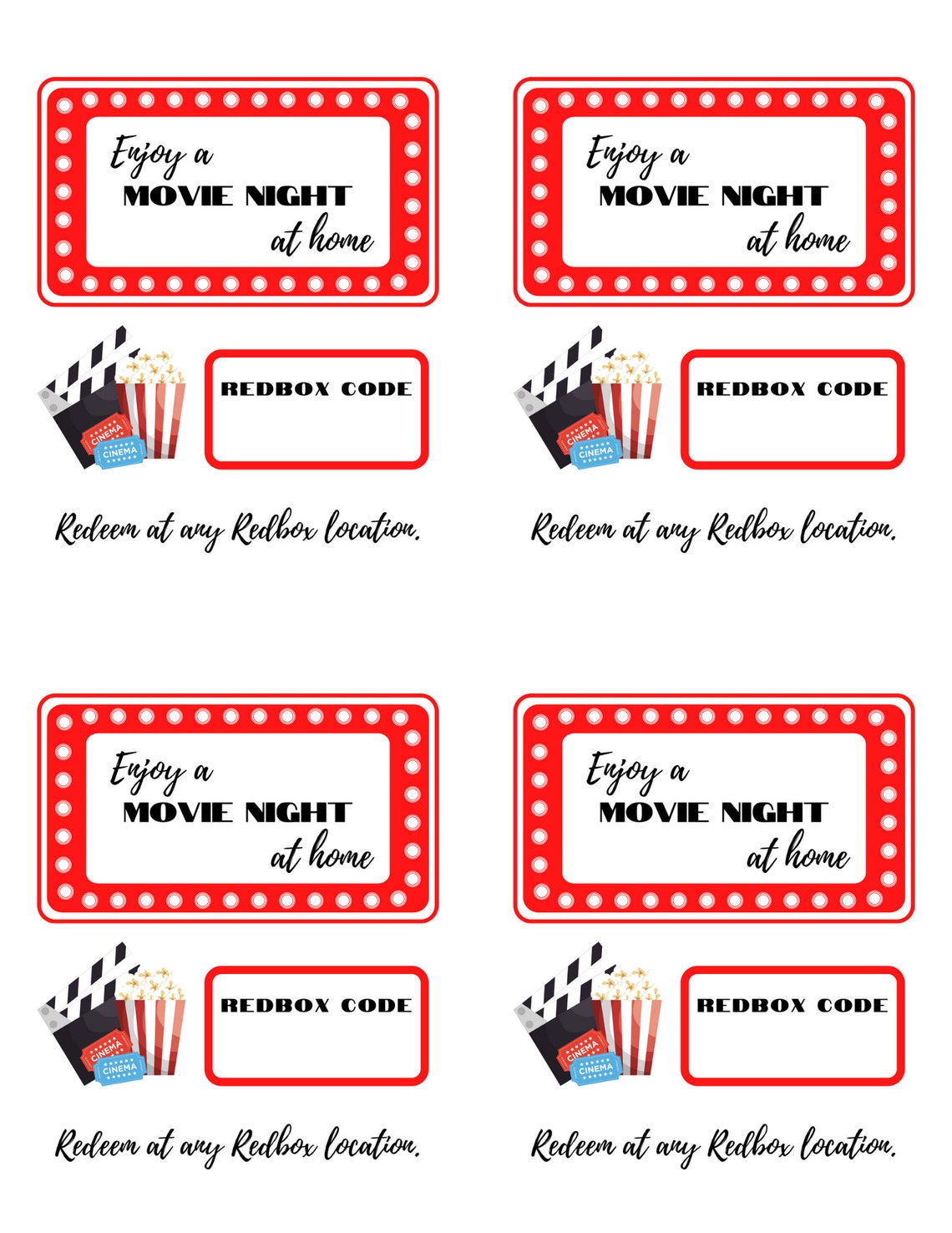 Printable Redbox Certificate Redbox code printable Movie Etsy