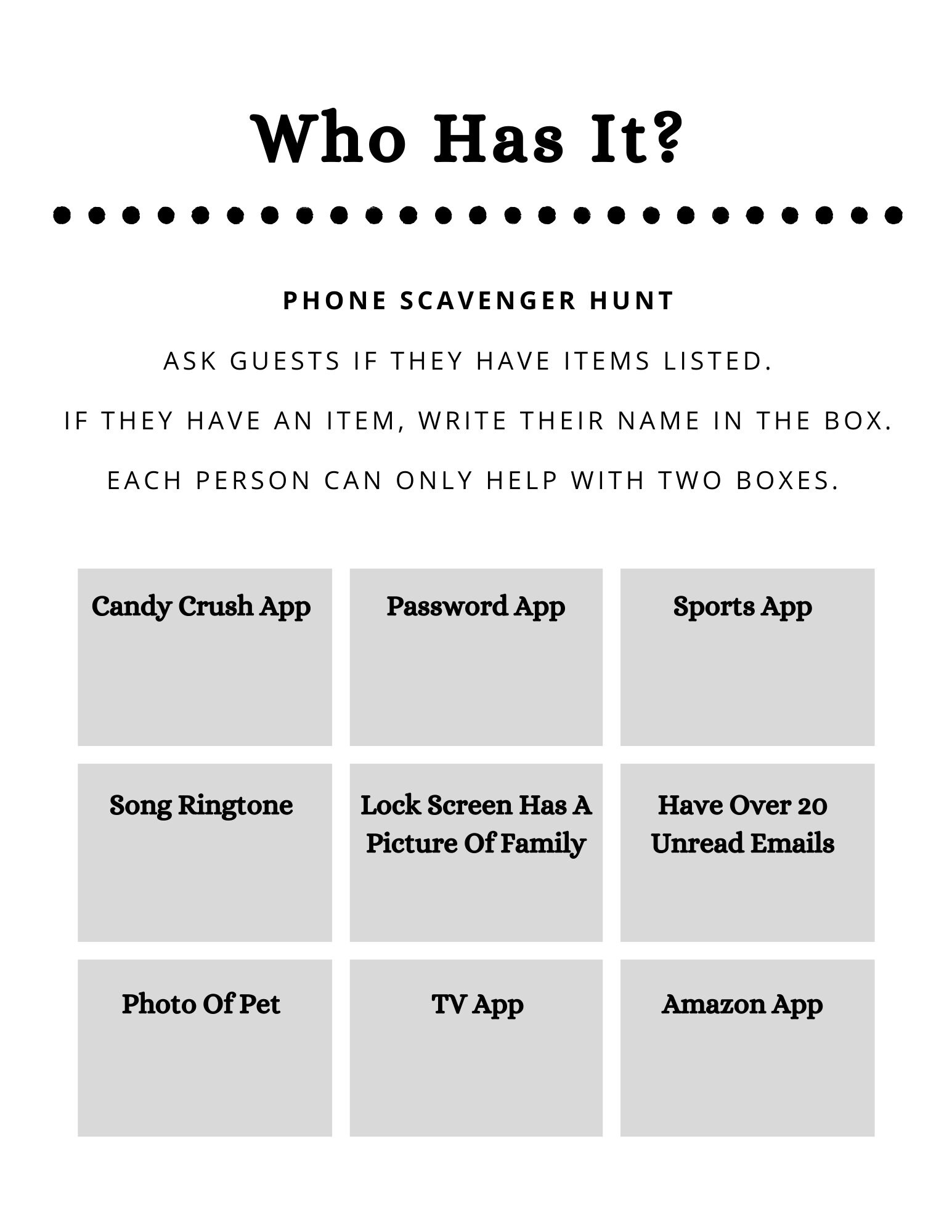 Who Has It Game Icebreaker Game Party Game Reunion Etsy