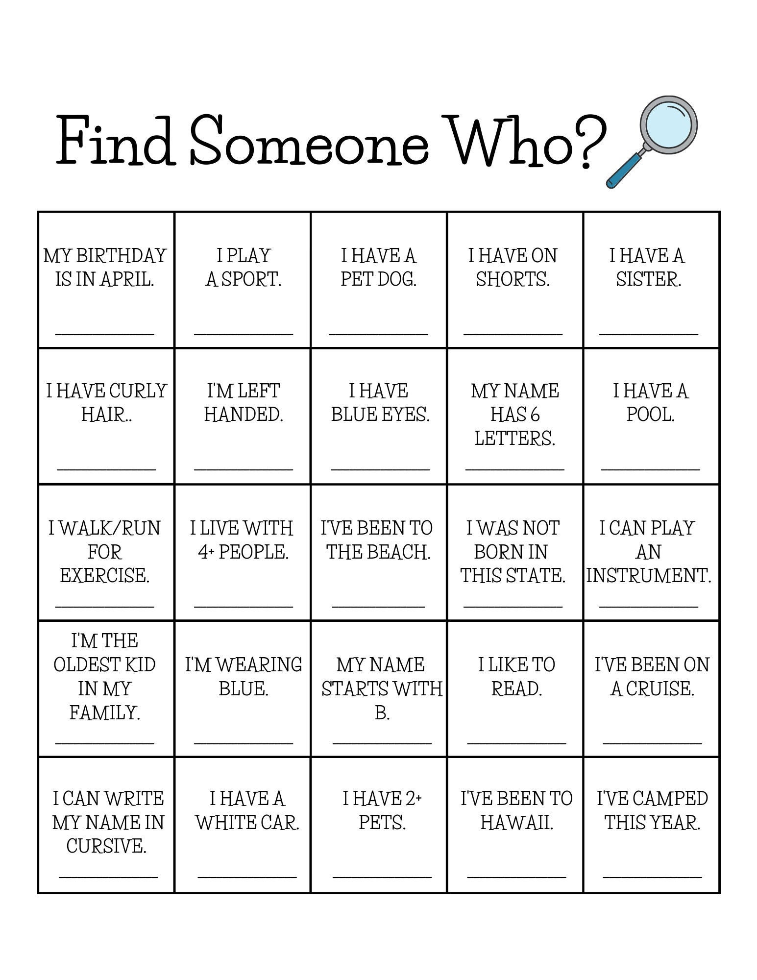 Kid Version Find Someone Who Bingo icebreaker game | Etsy