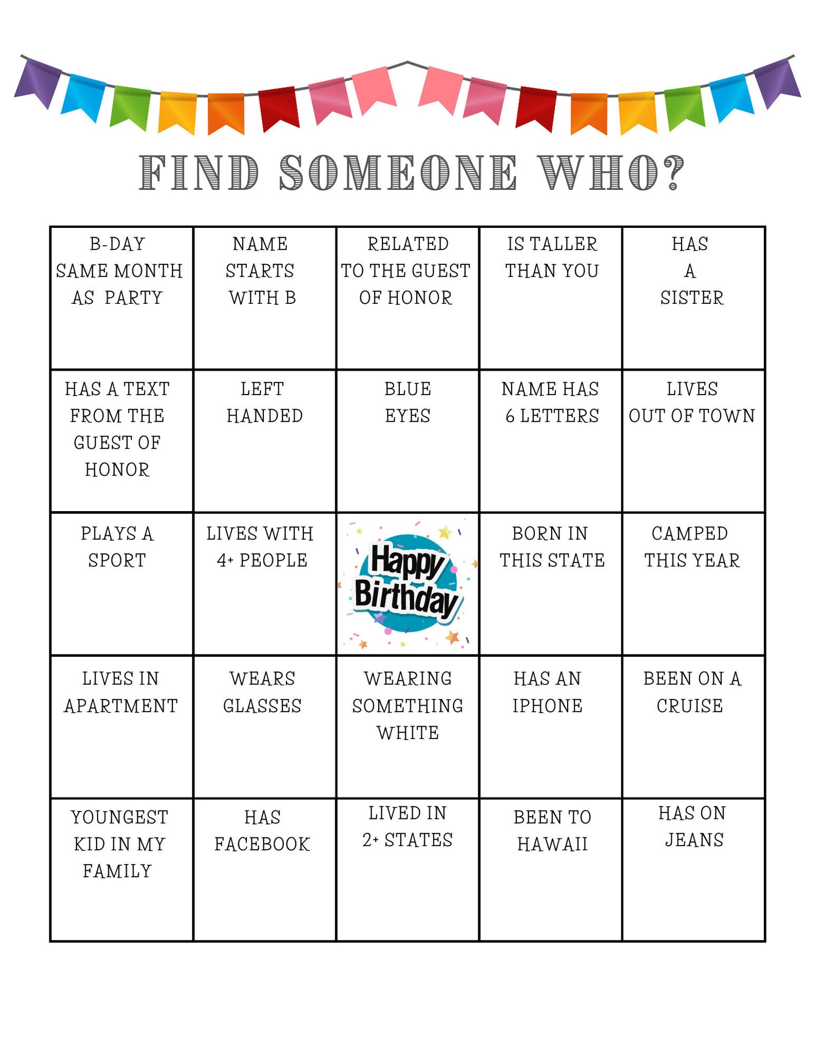 Find Someone Who Birthday Icebreaker Game Birthday Bingo Etsy