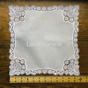 White bridal plain 4 corners lace handkerchief, blank quality hankie, for embroidered wedding gift, baptize, Regal Cluny hankie style