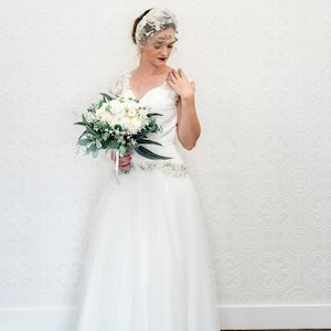Tulle Dropped Waist Wedding Dress beaded lace applique and beaded sleeves bridal gown with tulle skirt elopement casual wedding dress