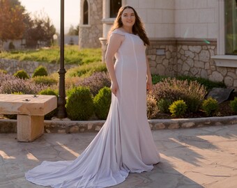 Vestido de novia elegante con hombros descubiertos de crepé con purpurina brillante, cola larga y sin costura en la cintura