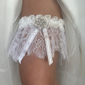 Lace and Rosette Garter Belt Set with pearls, rhinestones and Lace, Set includes a garter to keep and one to throw