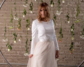 Blush Modest Wedding Dress With Long Sleeves - Sample Sale - McKayla