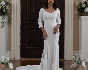 Elegante vestido de novia de corte trompeta con mangas y cola larga - Casual elegante de crepé elástico - Opciones disponibles en rojo y rosa