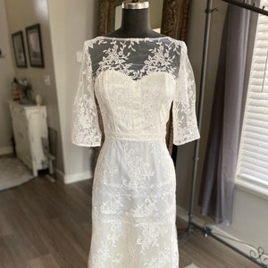 Tea Length Lace and Diamond Tulle Wedding Elopement Gown Rehearsal Gown