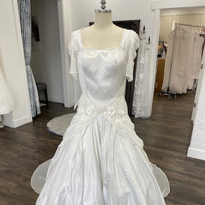 Silver Taffeta Wedding Gown with drapped chiffon sleeve square neckline chiffon train and pleated chiffon details