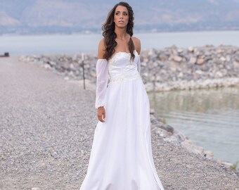 Chiffon Beach Wedding Gown with Removable Sleeves - Sample Sale - Melody