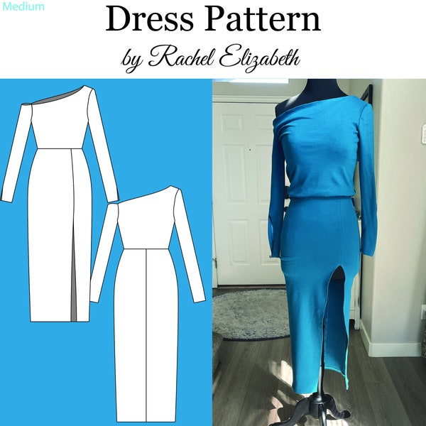 Sewing Pattern - Off the Shoulder Knit Dress with a Slit skirt and Sleeves - Size 14-26