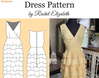 Sewing Pattern- V-Neck Dress with Layered Tiered Skirt - Size 14-26