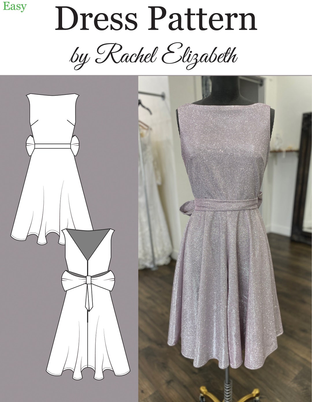 Sewing Pattern Boat Neck, Large Bow, Vback Neck, Flowy Skirt Dress