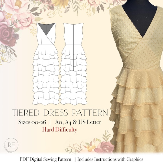 Sewing Pattern Dress Layered Skirt Instant Download PDF Sewing Pattern Downloadable Ruffled Sewing Pattern Romantic Dress Pattern PDF Print