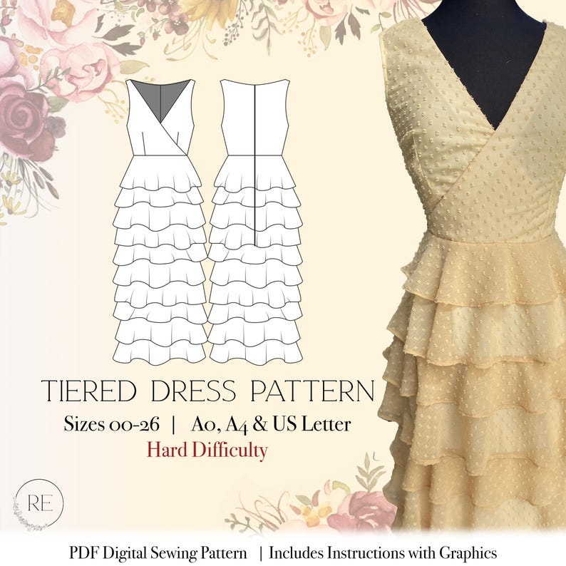 A photo for our downloadable pdf layered  dress pattern. There is a floral boarder, a flat sketch, a photo of the sample. Written imformation includes, "Tiered dress pattern, sizes 00-26, A0, A4 & us letter, moderate difficulty." At the bottom it says PDF digital sewing   pattern, includes instructions with graphics."