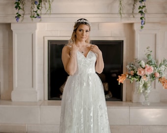 Vestido de novia de encaje con lentejuelas y tul brillante de estilo jardín: vestido de corte en A con escote en forma de corazón