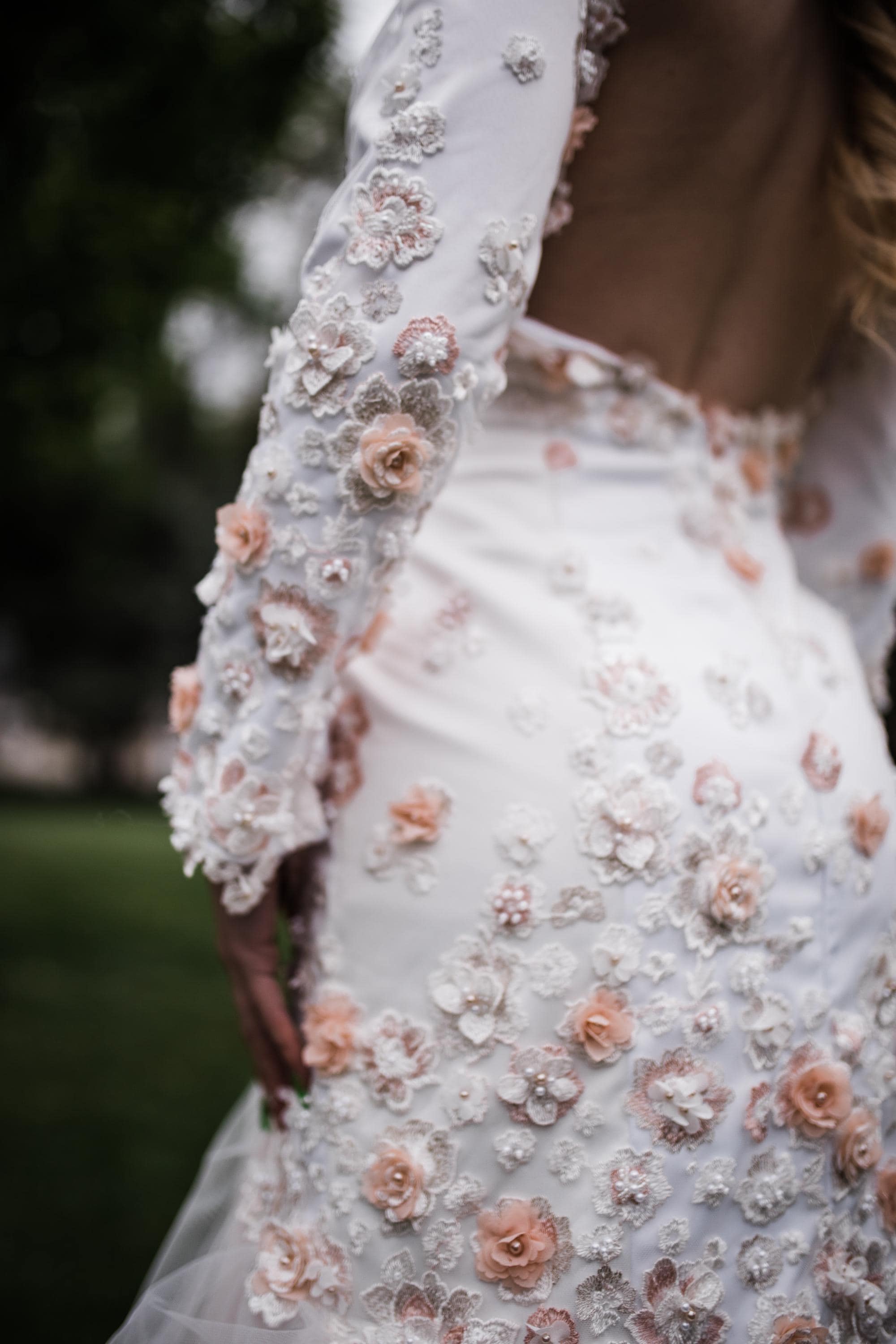 Whimsical 3D Floral Mermaid Wedding Dress, Tulle Skirt, Pearl Beading, Stretch Satin or Crepe, Pale Ivory or Pink