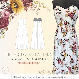 PDF Download Sewing Pattern Strapless Summer Sun Dress with Boning Strapless midi dress instant download sewing pattern engagement dress