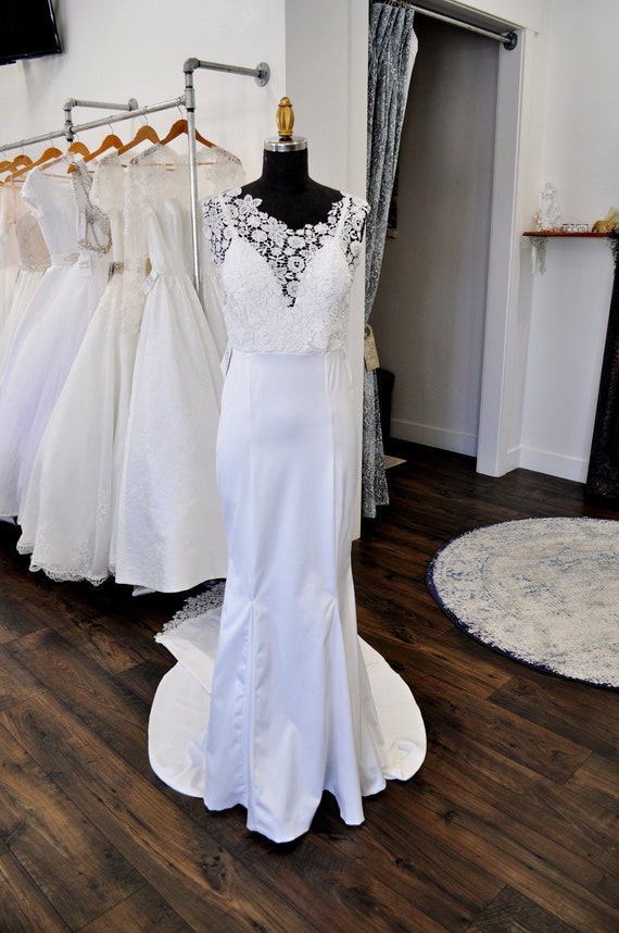 White Crochet Lace and Satin Fit N Flare Wedding Dress Made in Stretch Satin, Sexy Lace Train, Discounted Size 2 - Etsy White Crochet Lace and Satin Fit N Flare Wedding Dress Made in Stretch Satin, Sexy Lace Train, Discounted Size 2 - Etsy