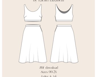 Sewing Pattern Two Piece Skirt and Top Set, downloadable sewing pattern, print at home pattern, learn to sew easy sewing tank top and skirt