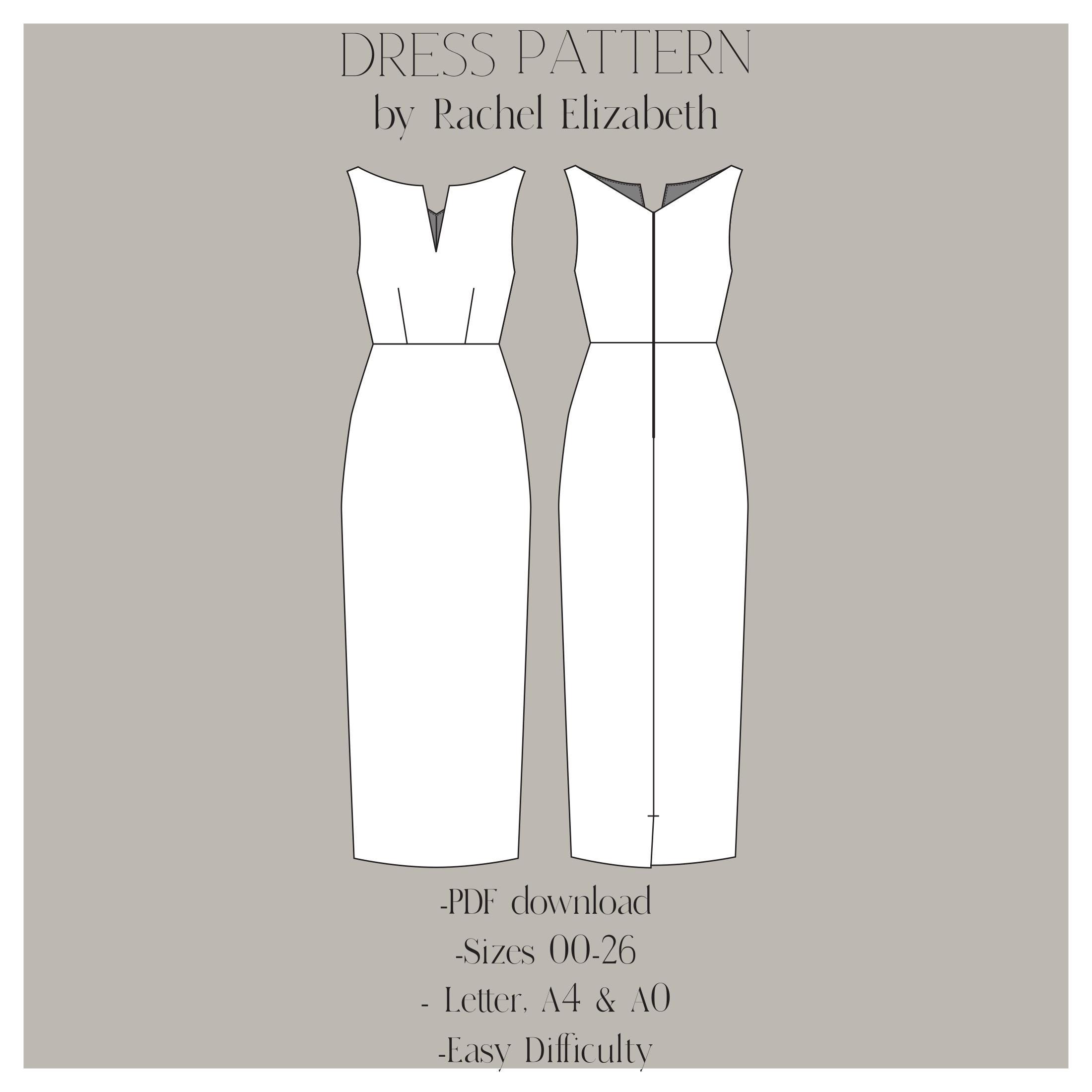 Schnittmuster, tailliertes Midi-Bleistiftkleid, herunterladbares Muster, sofortiger Download, PDF-Schnittmuster, Kleid mit V-Ausschnitt, Midikleid, einfaches Muster