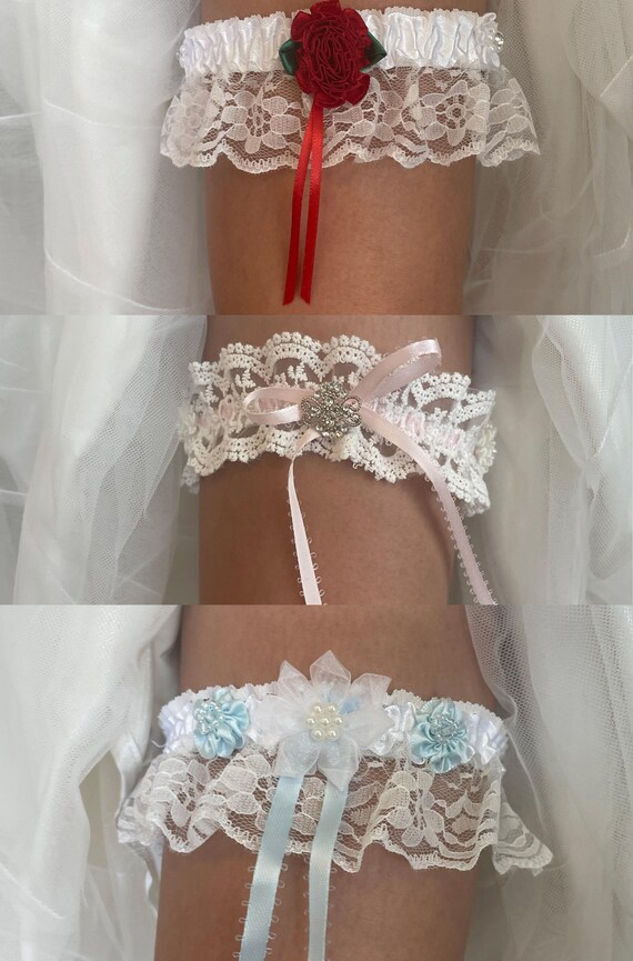 Various Garter Belt Designs With Rhinestone Brooches and Bows, Elastic Band  With Lace Trim, White 3d Flowers, Bow, and a Broach - Etsy New Zealand