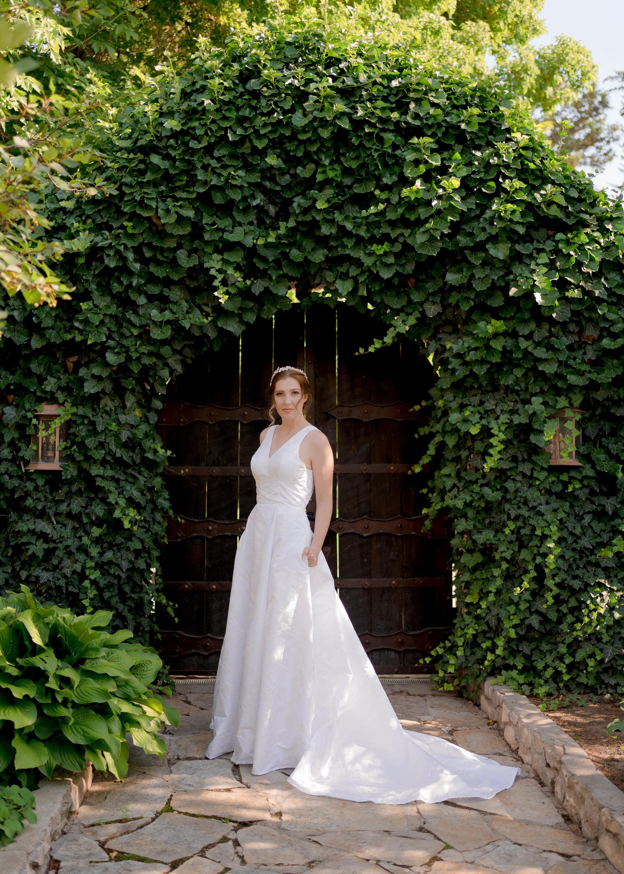 Floral Aline Wedding Dress - Jacquard, Pockets, Long Train, V-Neck - Ivory, Pale Ivory, White Floral Aline Wedding Dress - Jacquard, Pockets, Long Train, V-Neck - Ivory, Pale Ivory, White