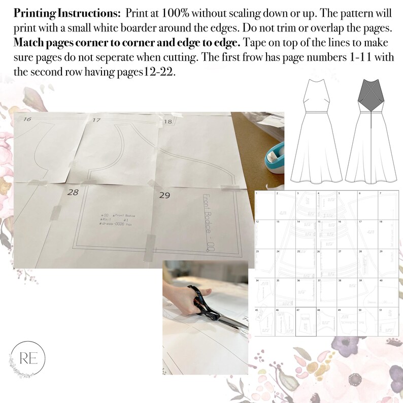 May include: A close-up of a sewing pattern for a dress. The pattern is printed on white paper and includes instructions for printing and cutting. The pattern is laid out on a table with scissors and tape.