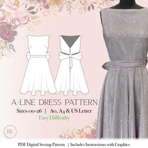 Sewing Pattern Boat Neck, Large Bow, V Neck, Flowy Skirt Dress, downloadable sewing pattern instant print at home party homecoming church