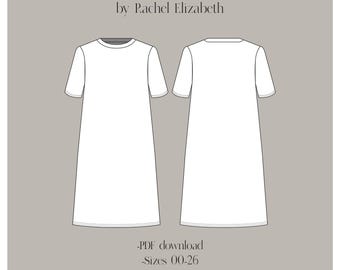 Sewing Pattern downloadable Tee Shirt Dress, simple easy beginner sewing pattern, t-shirt dress sewing pattern, print at home pattern