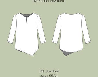 Sewing Pattern Asymmetrical Hem Blouse, Top Sewing Pattern pdf download instant print at home, Easy sewing pattern beginners instructions