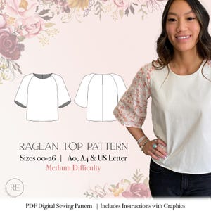 May include: A digital sewing pattern for a raglan top with a round neckline and short sleeves. The pattern includes sizes 00-26 and is available in A0, A4, and US Letter sizes. The pattern is labeled as "Medium Difficulty".