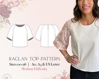 Schnittmuster Sofort Download Raglan Ärmel Top Bluse Raglan Ärmel Schnittmuster Print at Home PDF Downloadable Pattern Easy Top