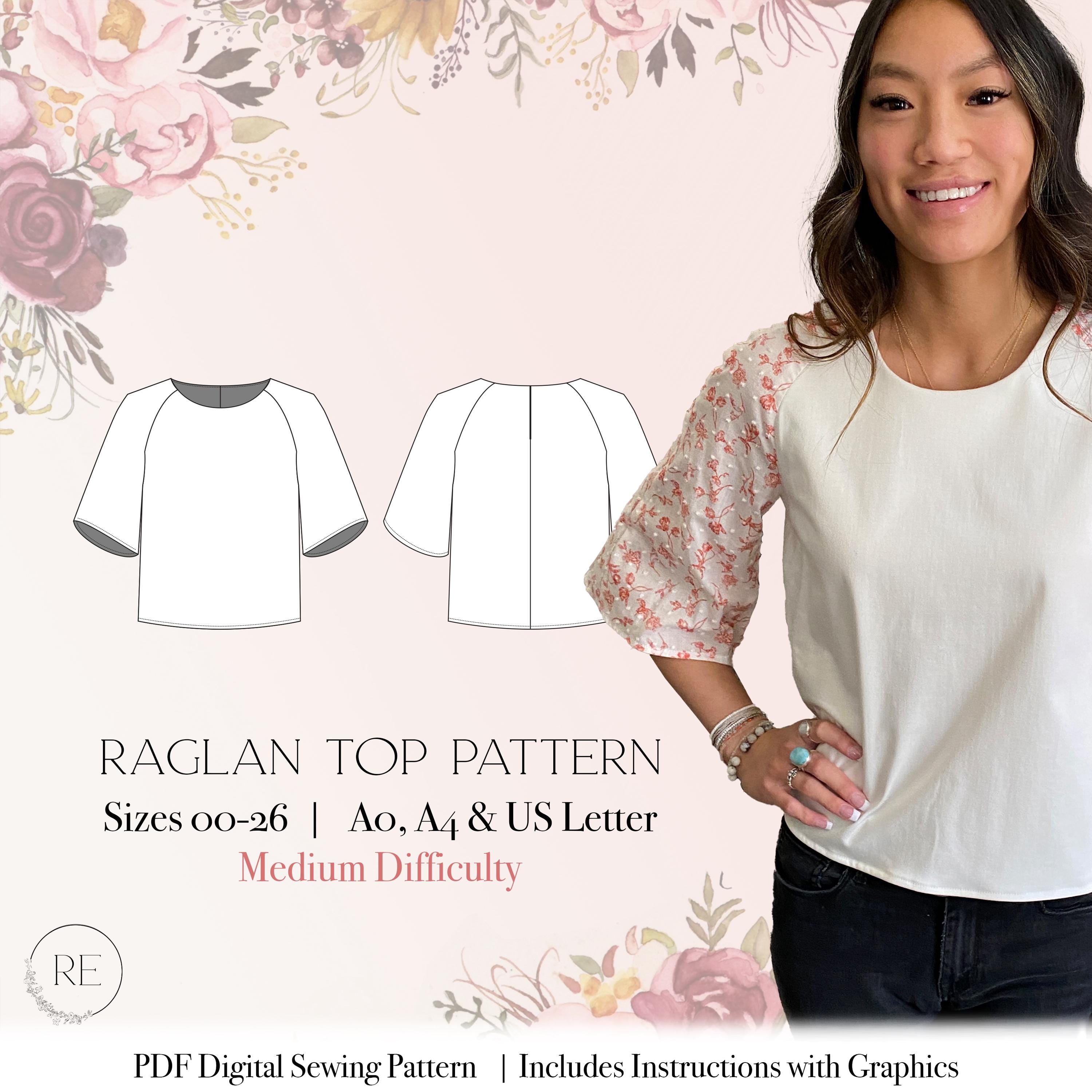 Sewing Pattern Instant Download Raglan Sleeved Top Blouse