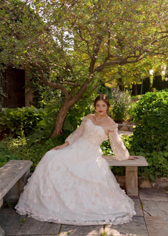 Unique Whimsical Pink Floral Wedding Dress with A-Line Cut Skirt and Pearl Beading - Sweetheart Neckline