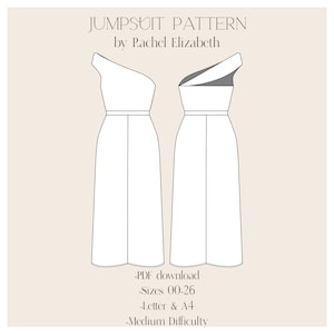 May include: A digital pattern for a one-shoulder jumpsuit. The pattern includes two views of the jumpsuit, one with a solid color and one with a contrasting color panel. The text "JUMPSUIT PATTERN by Rachel Elizabeth" is at the top of the image. The text "PDF download, Sizes 00-26, Letter & A4, Medium Difficulty" is at the bottom of the image.