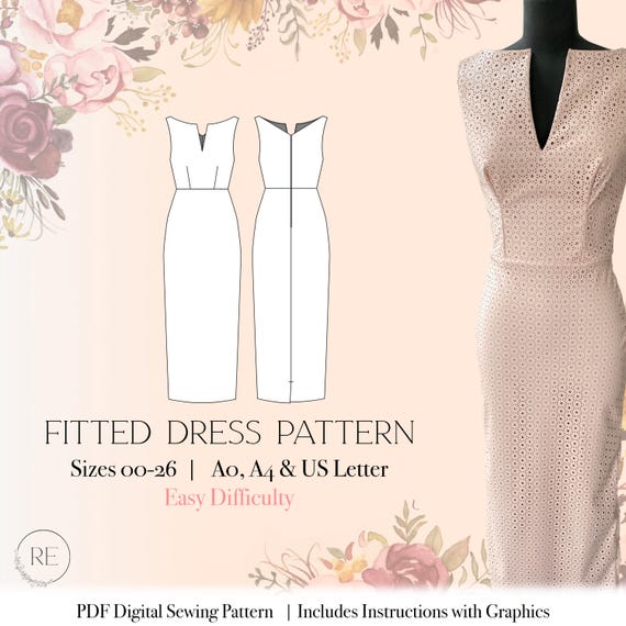 Sewing Pattern Fitted Midi Pencil Dress downloadable pattern instant download pdf sewing pattern v neck dress midi dress easy pattern work